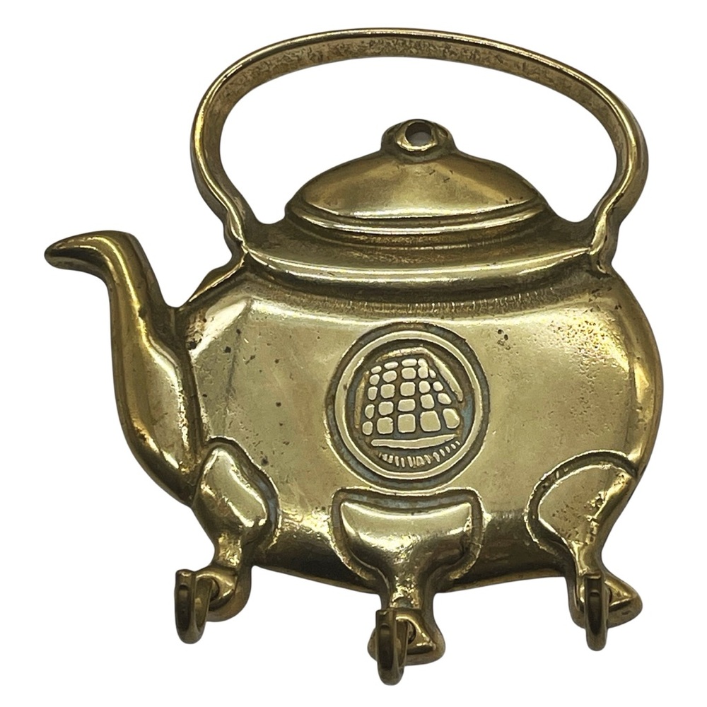 Vintage Kitchen Brass Teapot Wall Mounted 3 Hook Keys Hanger